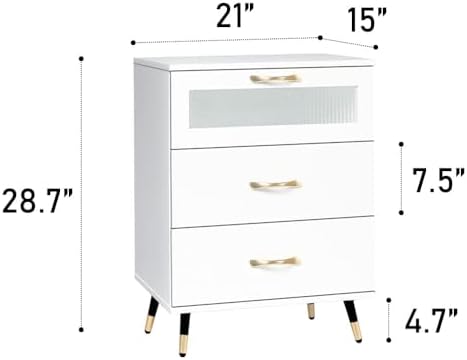 3 Drawer White Nightstand White and Gold End Table Kids Bedroom Dresser Accent Bedside Cabinet Modern Night Stand Perfect for Bedroom, Living Room, Accessories White
