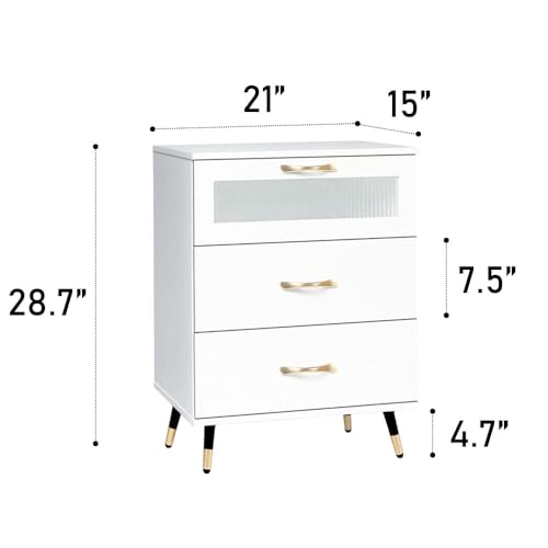 3 Drawer White Nightstand White and Gold End Table Kids Bedroom Dresser Accent Bedside Cabinet Modern Night Stand Perfect for Bedroom, Living Room, Accessories White