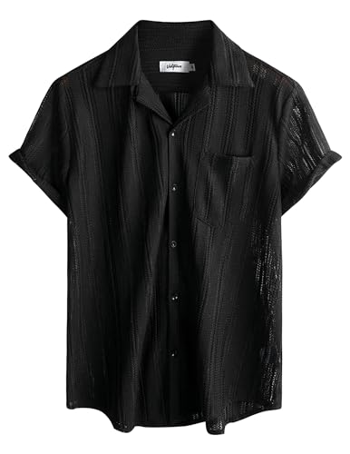 VATPAVE Mens Summer Lace Shirts See Through Sheer Shirts Casual Short Sleeve Button Down Beach Shirts4