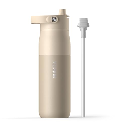 BRITA LARQ Essential Trinkflasche mit Strohhalm (680ml) beige - Edelstahl Wasser-Flasche, doppelwandige Isolierung (24h kalt), mit abnehmbarem Soft-Touch Henkel, spülmaschinengeeignet