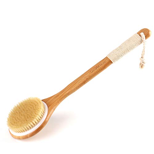 Bath Body Brush with 17.3" Extra Long Bamboo Handle – Anti-slip Natural Bristles