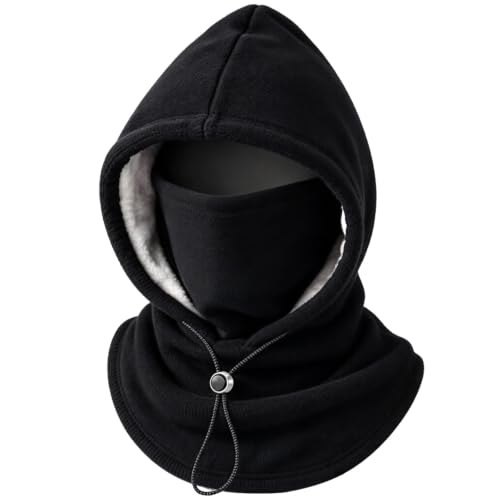Image of MQLAE Fleece Double‑Layer Integrated Hat, 3-in-1 Face & Neck Gaiter, Black | Unisex Winter Fleece Balaclava Hood, Adjustable Unisex Hood for Cycling, Skiing, Hiking and Cold Outdoor Activities