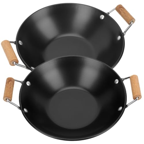 ABOOFAN Lot de 2 Marmites Anti-débordement en Métal avec Poignées en Bois, Pot Sec Épaissi Noir Résistant la Chaleur pour Restaurant et Fondue Maison