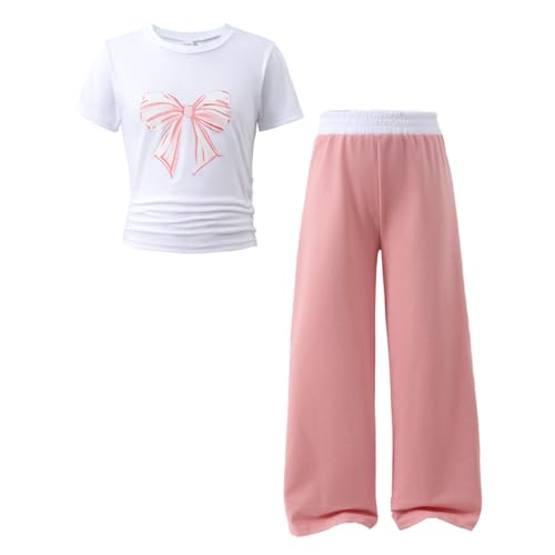 Xdgsya Tween Girls Pink Bow Graphic Short Sleeve T-Shirt Top+Wide Leg Pants 2 Piece Outfit Set Size 9-15Years Size 11 12
