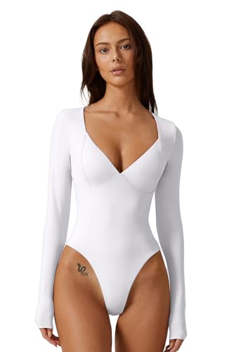 Image of QINSEN Women's Long Sleeve Bodysuit V Neck Body Suits Seamed Cup Going Out Tops Shirt