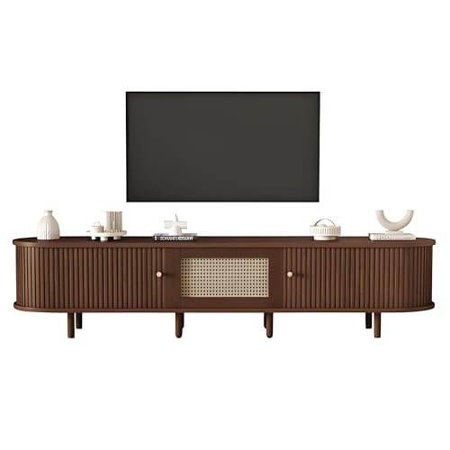 LANTRO JS TV Kommode, In Nussbaum Dunkel, Rattan Design, TV Lowboard mit Verstellbaren Füße, 30 kg Belastbarkeit, Lowboard Wohnzimmer, 180x40x40cm
