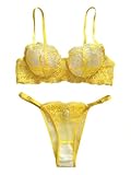 Lilosy Petite Sexy Leaf Floral Embroidered Mesh Sheer Women Underwire Push Up Lingerie Set See Through Cute Bra Panty 2 Piece Flower Yellow X-Small
