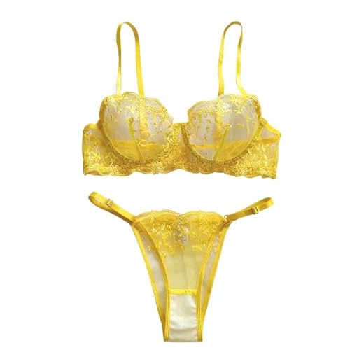 Lilosy Feminino Conjunto De Lingerie Push-Up Com Aro Transparente E Renda Floral Bordada, Pequena, Sexy, Folhas, Sutiã Transparente, Calcinha, 2 Peças, Flor Amarela, Tamanho Extrapequeno
