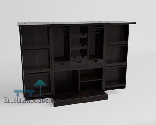 Image of Solid Sheesham Wood Bar Unit Cabinet with Storage Bottle Shelves & Built-in Glass Holder Raised Panel Design Wine Rack Organizer for Living Room, Home & Lounge Dining Cupboard Furniture