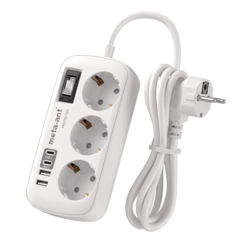 Steckdosenleiste mit Überspannungsschutz, 1,5m Verlängerungskabel, 3 Steckdosen, 2,4A USB-Anschlüsse, USB-C Ports, Weiß