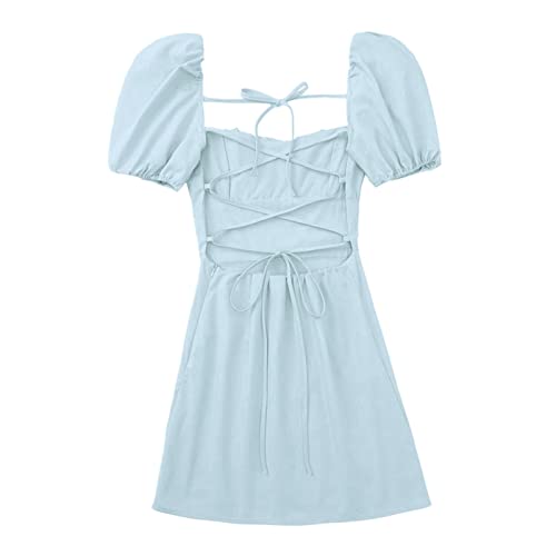 Robe mini d'été col carré et manches rétractées plissée élégante