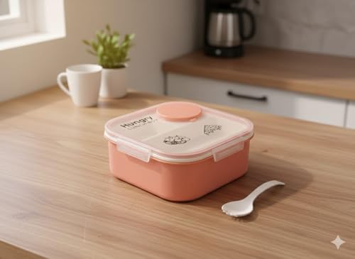 Image of Leakproof Lunch Box for Office & School | 4 Compartment Food Storage Container with Spoon | BPA Free Plastic Tiffin Box with Airtight Lid | Microwave Safe Meal Prep Box for Kids & Adults (Pink)