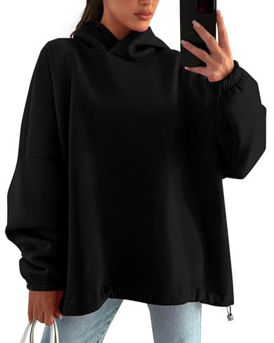 KIRUNDO Hoodies For Women 2025 Fall Fashion Hooded Oversized Sweatshirt Long Sleeve Fleece Pullover Trendy Winter Clothes(Black, Large)