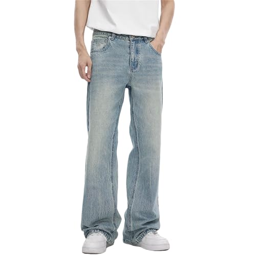 Men's Cotton High Waist Fabric Washed Vintage Jeans Casual Baggy Fit Wide Leg Jeans with Pockets