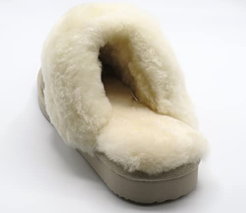 Lammfell-Hausschuhe Slipper für Damen mit fester Sohle in Sand Beige