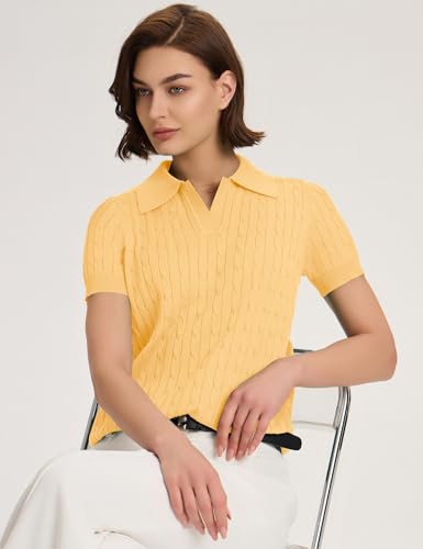 Image of Micoson Womens Short Sleeve Sweater Tops Lapel V Neck Polo Shirts 2026 Summer Cable Knit Loose Blouse Business Casual Outfits