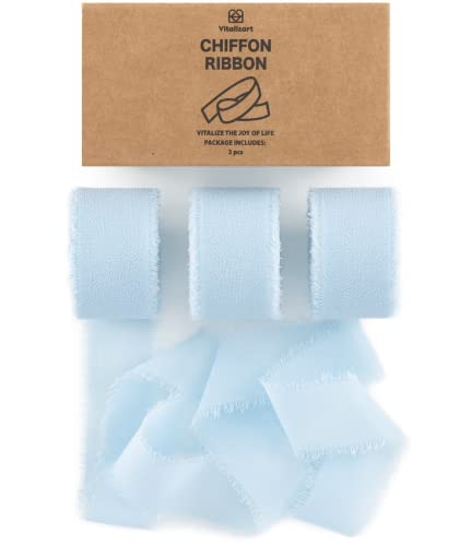 Vitalizart Baby Blue Chiffon Silk Ribbon 1" x 21 Yd Fringe Fabric Package (3 Rolls * 7 Yd) for Wedding Invitations Bridal Bouquets Decorations Gifts Wrapping & Bow Making