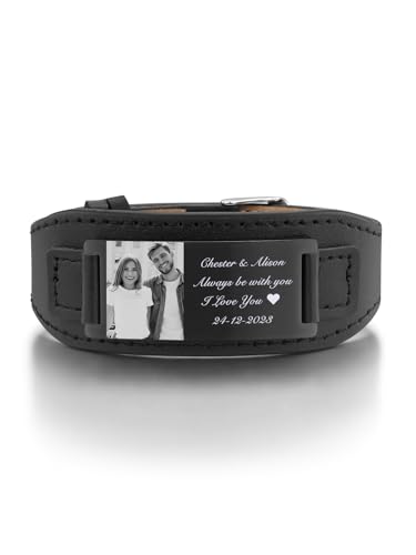 Custom Picture Leather Bracelet, Personalized Photo Name ID Identification Wristband Memorial Bracelet Gift for Men and Women