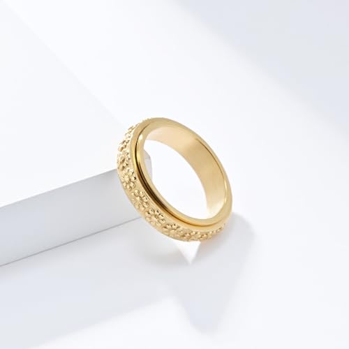 Women's Anxiety Ring 6MM Stainless Steel Spinner Ring Daisy Sunflower Pattern Wedding Band Fidget Tool2