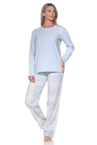 Normann Damen Schlafanzug lang Pyjama mit Karierter Flanell Schlafhose, Farbe:hellblau, Größe:40-42