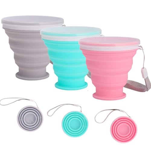 3 Piezas Vaso Plegable Silicona Vasos Plegables con Tapa Reutilizable Taza Plegable Tazas de Viajes Plegado Tazas de Acampada 200ml para Camping Senderismo Viaje Caminatas,vaso plegable