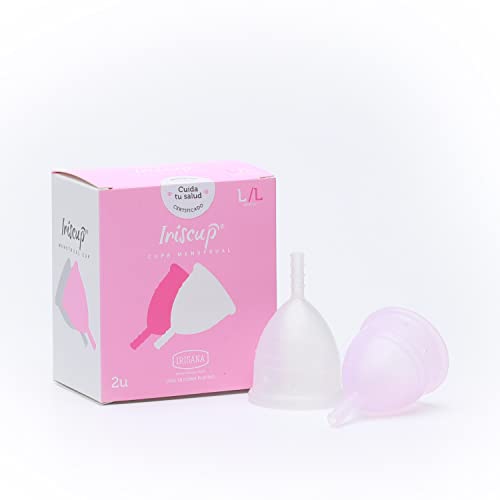 Irisana   Copa Menstrual   Pack 2 Unidades   Modelo Iriscup   Talla L   9 x 6 x 10 cm   Silicona Quirúrgica   Compatible con DIU   Rosa y Transparente