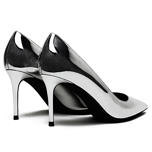 MOOMMO Women Patent High Heels Pumps Shoes Pointed Toe Slip On Metallic Stiletto Heels Dress Shoes Pointy Closed Toe 3" Kitten Heel Dress Sandals Office Ladies Bridal Wedding Party 4-13 M US3