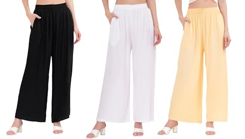 Image of Buy That Trendz Palazzo Pants for Women Rayon Elasticated Regular Fit Flared Wide Leg M to 6XL Pack of 3