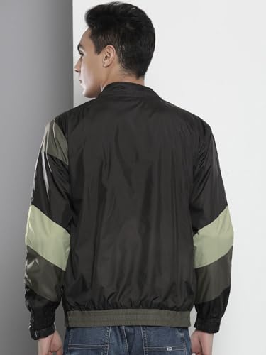 Image of The Indian Garage Co Men Black Regular Fit Placement Print Standup Collar WindCheater (Black XL)