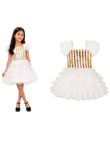 Image of BookMyCostume White & Golden Sequin Western Dance Costume for Girls | Stylish Top with Frill Sleeves & White Fluffy Skirt | Annual Western Dance Costume for Kids | 10-12 Years