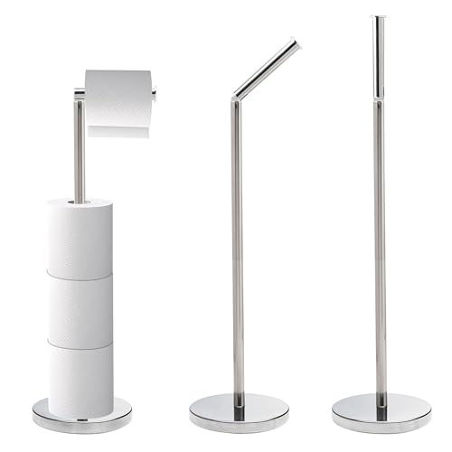 Crystals Toilet Roll Holder Free Standing - 2 in 1 Stainless Steel Toilet Paper Holder Up to 5 Toilet Roll Storage - No Drill Toilet Roll Stand Silver