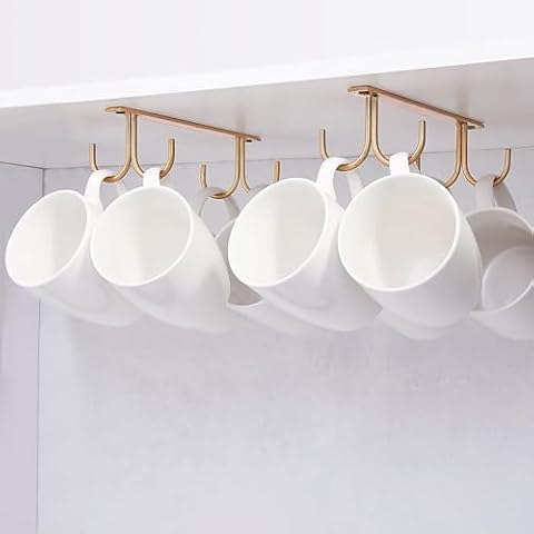 FOMANSH Mug Rack Under Cabinet - Coffee Cup Holder, 8 Mugs Hooks Under Shelf, Display Hanging Cups Drying Hook for Bar Kitchen Utensils Gold, 2 Pack Cover