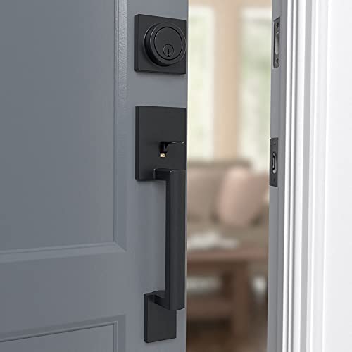 Image of Amazon Basics Front Door Lock Set, Handleset with Stamford Lever, Level Door Handle, Exterior, Single Cylinder Packs, Matte Black, 1-Pack