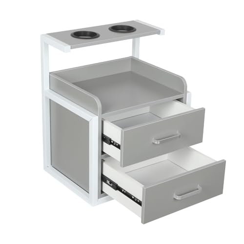 Elegante armario de salón de belleza montado en la pared, estación flotante para cortar el pelo con 2 cajones y soporte para secador de pelo, ideal para peluqueros y salones de belleza