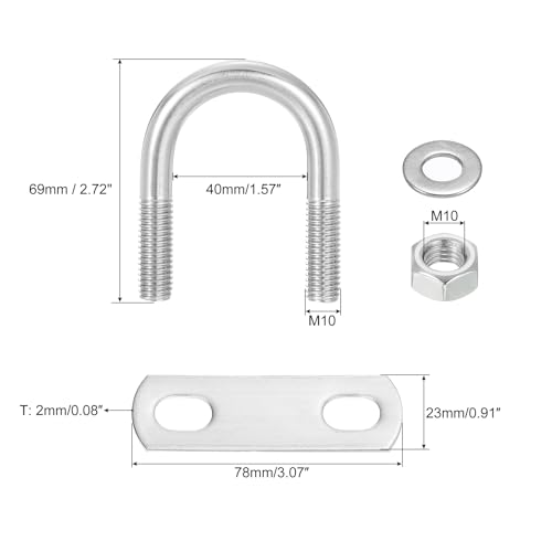 Image of uxcell Round U-Bolts, 8 Sets 40mm(1.57 inch) Inner Width 69mm Length M10 304 Stainless Steel U Clamp Bolt with Nuts and Plates, for Boat Trailer