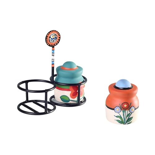 Image of Aakriti Art Creations Inu-Minu Salt & Pepper Set with Handpainted Stand | Handcrafted Floral Art Kitchen & Dining Dispenser Set | Salt Pepper Shaker for Dining Table | Kitchen Decor Items Stylish