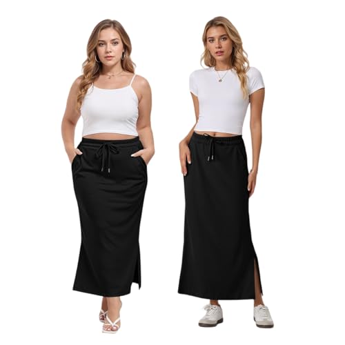 Long Skirts for Women Fall Maxi Skirt High Waist Trendy Drawstring Side Slit Casual Long Athletic Sweat Skirts3