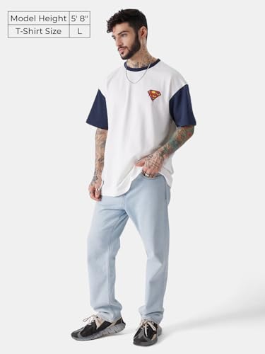 Image of The Souled Store Official Superman: The Man of Steel Men and Boys Oversized fit Graphic Printed Half Sleeve Cotton Multicolored Men Oversized T-Shirts