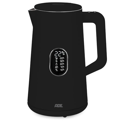 ADE Wasserkocher mit Temperatureinstellung | Korpus aus Edelstahl | 1,5 l Fassungsvermögen | Temperaturwahl und Temperaturanzeige | Teekocher BPA-frei | schwarz