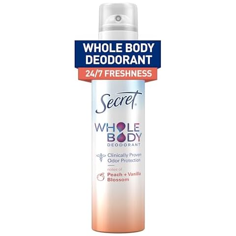 Secret Whole Body Deodorant Spray for Women, Peach & Vanilla Scent, Aluminum Free Deodorant Spray, 72 HR Odor Protection, 3.5 oz Cover