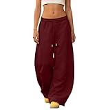 TianGiKi Sweatpants for Women Trendy Baggy Wide Leg Drawstring Elastic Waist Pants Casual Sports Fashion Y2k Lantern Trouser Wine