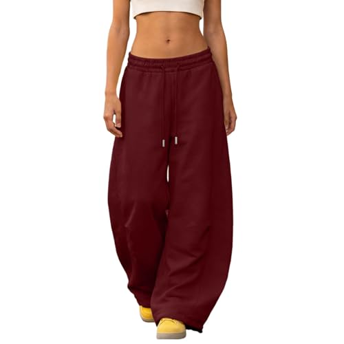 TianGiKi Sweatpants for Women Trendy Baggy Wide Leg Drawstring Elastic Waist Pants Casual Sports Fashion Y2k Lantern Trouser Wine