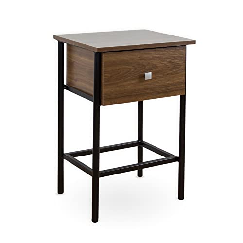 Mesita de Noche Industrial | Mesilla de Noche de forja para Dormitorio | Mesa Auxiliar con Cajones para Salon de Estar de Estilo Vintaje | Producto Artesanal | Hecho en España (Black, Cajon Nogal)