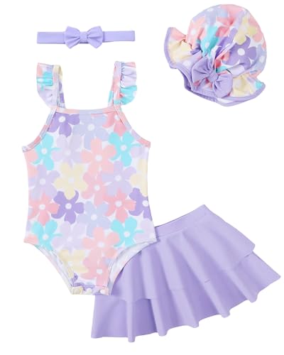 Image of Renotemy Baby Girl Swimsuit Toddler One-Piece Bathing Suit with Skirt&Hat Bikini Beach Pool Swimwear for Infant Girls 3M-3Y