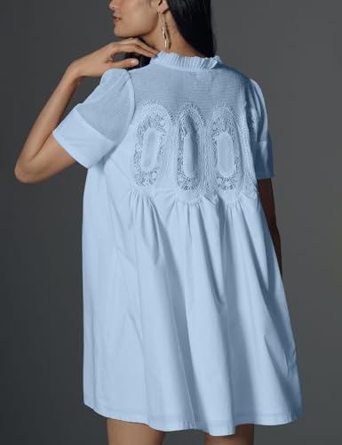 Image of Shiyifa Womens Babydoll Lace Patchwork Dresses Summer Short Sleeve Ruffle Sundress Loose Crew Neck A-Line Dresses