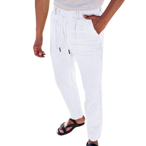 Men's Linen Pants Solid Color Drawstring Waist Casual Straight Leg Summer Breathable Trousers