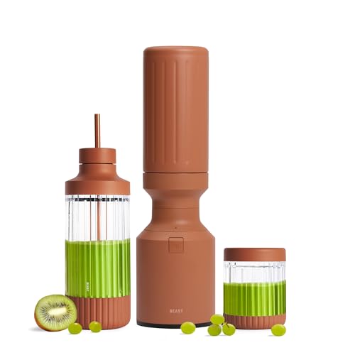 Image of Beast Mighty 850 Stainless Steel | Compact Personal Blender | Extra Vessels | Keeps Blends Cold | Smoothies, Shakes, Sauces, Dips | Portable Straw Caps and Lids | 850W (Terra)