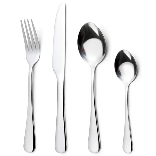 Cutlery Set for 6 People,24 Piece Stainless Steel Silverware Set,Silver Flatware Set with Spoon Knife and Fork,Mixed Cutlery Sets,Dishwasher Safe,Easy Clean, Mirror Polished