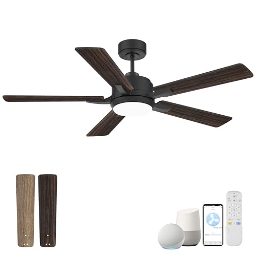 cumilo 52” Smart Ceiling Fanswith Lights Remote Control,Quiet DC Motor,Outdoor Indoor Modern Farmhouse Ceiling Fan work with Alexa App,Dimmable LED Light,Black/Brown for Bedroom Living Room