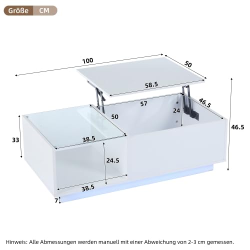 LED Couchtisch, Höhenverstellbarer Kaffeetisch mit Smart LED Beleuchtung & Verstecktem Stauraum, Hochglanz Wohnzimmer Tisch, 50x100x(33-46.5) cm, Weiß/Schwarz